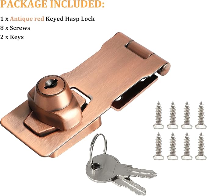 Alise Keyed Hasp Lock,4 Inch Safety Packlock Clasp Hasp Lock Latch with Lock,Door Hinge Lock with Keys Keyed Locking Hasp for Cabinets Closets Doors,Red Bronze