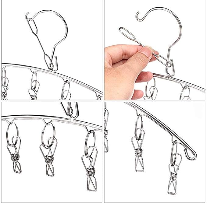 Portable Stainless Steel Clothes Pins Heavy Duty Laundry Drip Hanger with 8 Clips Hanging Drying Rack Closet Organizer