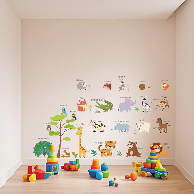 Large Animals Learning Educational Wall Stickers Kids,Nursery Playroom Wall Decals,Daycare Preschool Classroom Wall Stickers Peel and Stick Removable,Cute Wall Decor for Boy,Girl,Toddler,Baby.
