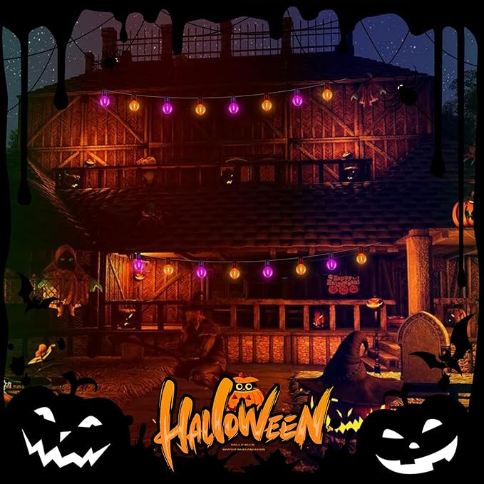 25FT Outdoor Halloween String Lights, G40 Outdoor Halloween Decorations Light with 27 LED Shatterproof Orange Purple Globe Lights(2 Spare), Hanging Patio Lights for Holiday Balcony Backyard Party