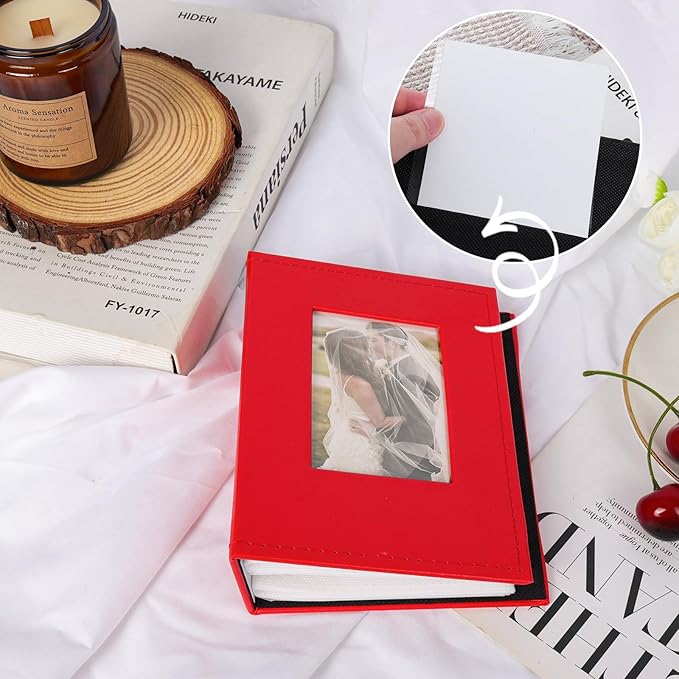 RECUTMS Photo Album for 4x6, Mini Album with 52 Pockets, Leather Cover Picture Book with Front Window, 52 Vertical Photos for Baby Wedding Anniversary Vacation Traveling (Red)