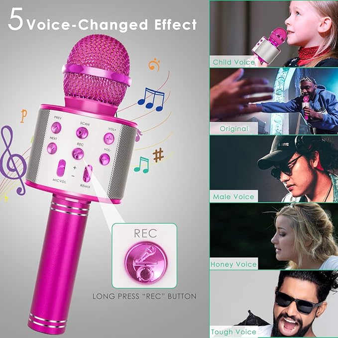 KIDWILL Wireless Bluetooth Karaoke Microphone for Kids, 5-in-1 Portable Handheld Karaoke Mic Speaker Player Recorder with Adjustable Remix FM Radio for Kids Girls Boys Teens Birthday-Hot Pink