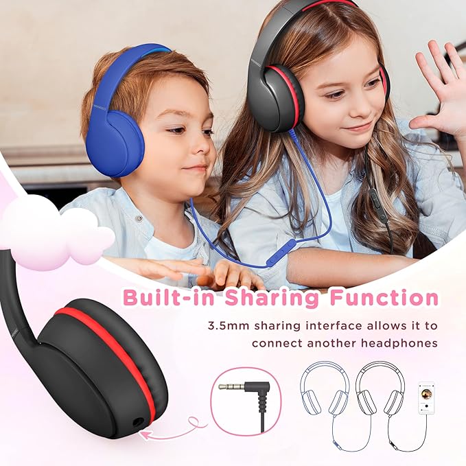 Kids Headphones Wired with Microphone, Over Ear 85/94dB Volume Limited Headphones with Share Port, Stereo Sound Foldable Headset for Teens/Boys/Girls-Black Red