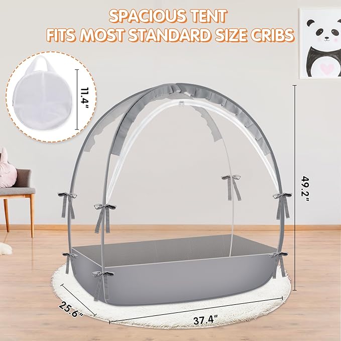 Pack N Play Tent - Mini Crib Tent to Keep Baby from Climbing Out - Crib Net to Keep Baby in - Pop Up Breathable Cribs Cover - Canopy with Upgrade Strong Mesh and Durable Zipper (Gray, Small)