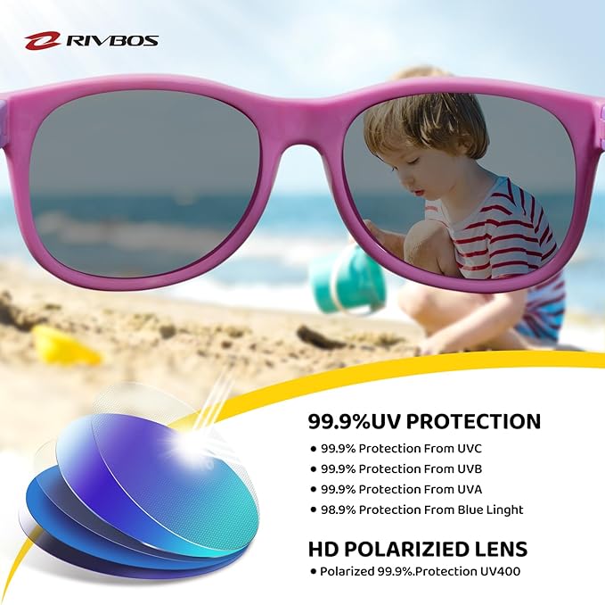 RIVBOS Kids Sunglasses Polarized UV Protection Flexible Rubber Glasses Shades with Strap for Boys Girls RBK004