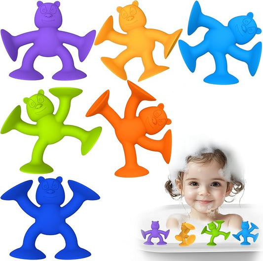 Unique Suction Bath Toys for Baby Kids Ages 1-3, No Hole Bath Toy Silicone Animal Sensory Fidget Toys for Baby Tray Window Travel, 6 PCS
