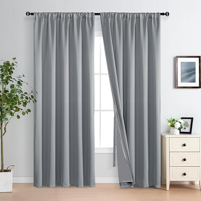 XWZO 100% Blackout Curtains with Tiebacks- Extra Wide Privacy Protection & Noise Blocking Window Draperies with Black Liner for Bedroom/Living Room, Rod Pocket, Grey, W70 x L84, Set of 2