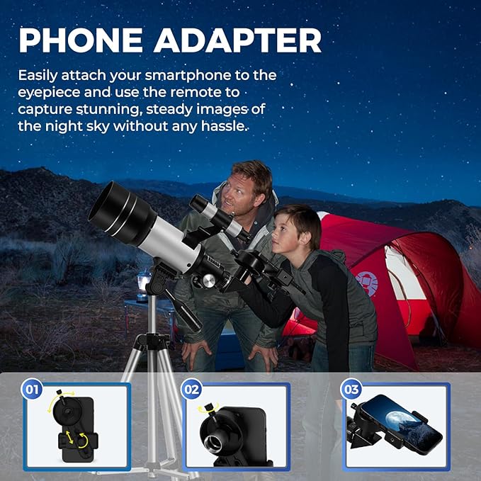 ESAKO Telescope for Kids & Beginners, 70mm Aperture Portable Telescopes with 3 Eyepieces, Height Adjustable Tripod & Phone Adapter & Remote Control