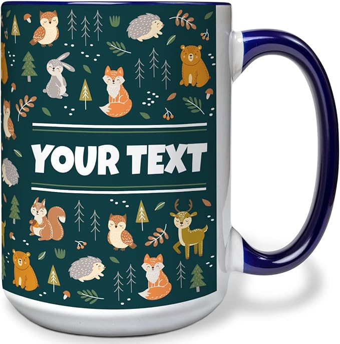 Personalized Mug for Kids - Woodland Animals - Custom Name/Text, Ceramic Hot Chocolate/Cocoa/Coffee Cup for Boys/Girls, Birthday/Christmas/Holiday Gift - 15 oz, Navy Blue