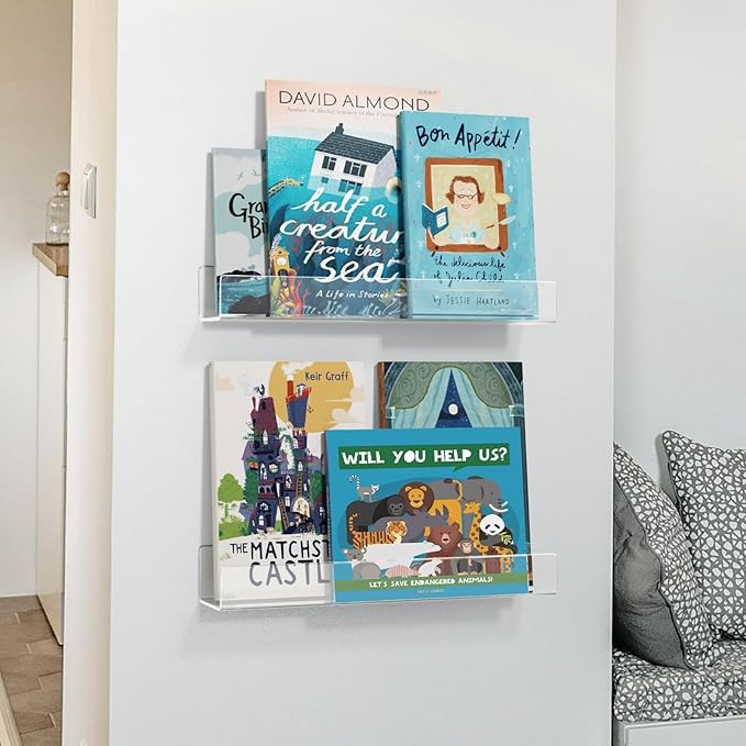 NIUBEE 16.5-Inch Acrylic Floating Bookshelves, 2-Pack, Clear Modern Wall Shelves for Child/Toddler， Invisible Ledge Book Shelves for Nursery/Kids Room/Playroom/Small Spaces.