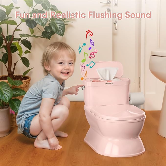 2-in-1 Toddler Potty Training Toilet - Larger Potty Chair & Detachable Training Seat for Boys & Girls Ages 1-3 with Flushing Sound, Wipes Storage, Toilet Paper Holder