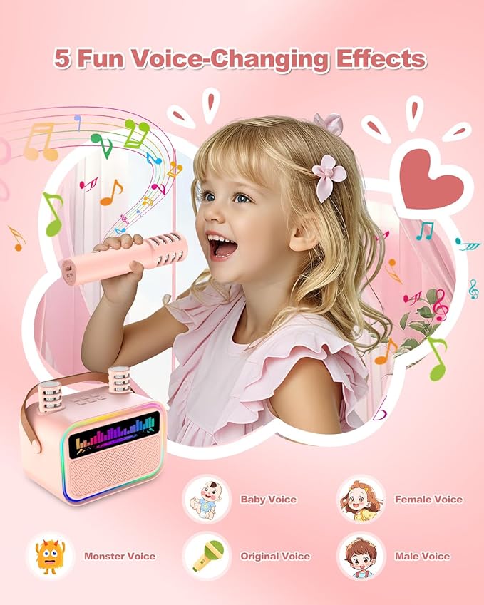 Kids Karaoke Machine for Girls, Kids Toys Gifts for Age 3-12+, Portable Bluetooth Speaker with 2 Wireless Microphones, Toddler Singing Karaoke for Birthday, Family, Home Party (Pink)
