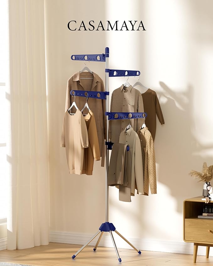 Clothes Drying Rack Foldable, 70.9 inch Tripod Drying Rack for 35 Pieces of Clothes, with Height-Adjustable Rotatable Clothes Rails, Space Saving, Stainless Steel, Blue and Silver CDR005Q01