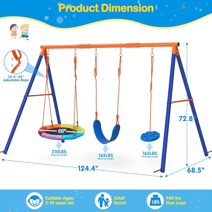 GIKPAL Swing Sets for Backyard, Outdoor Swing Set for Kids Ages 3-8, Outdoor Heavy-Duty Metal Swing Set with 2 Saucer Swings and a Double Ring Swing, 440 lbs Capability,Yellow-blue1,Medium,(YCQQJ01)
