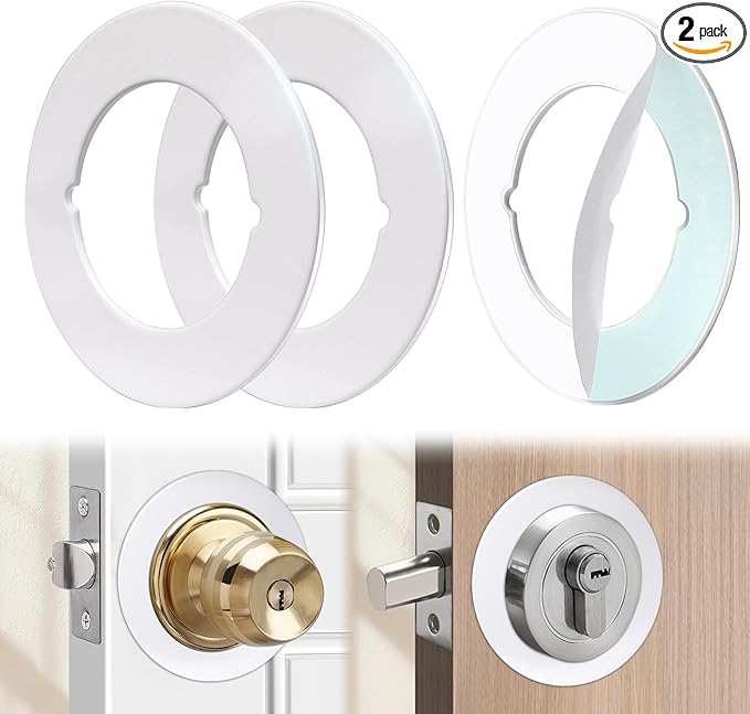 2 Pcs Upgraded Door Knob Plates with Double-Sided Tape –Thick Stainless Steel Scar Plates for Deadbolts & Knobs, Durable Door Lock Hole Covers for Fixing Loose Knobs and Damaged Areas(White)