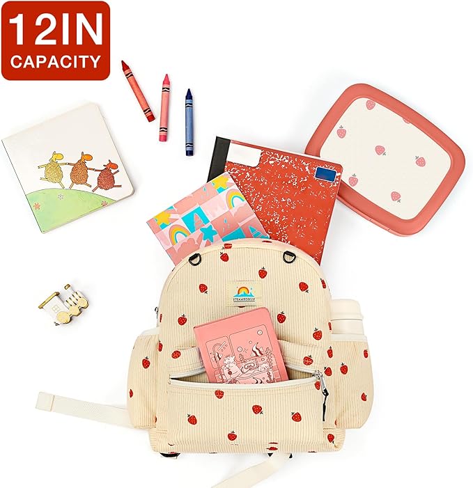 Corduroy Toddler Backpack for Girls 2-4: Kids backpack for Boys Girls - 12 inch Preschool Kindergarten Backpacks - Strawberry