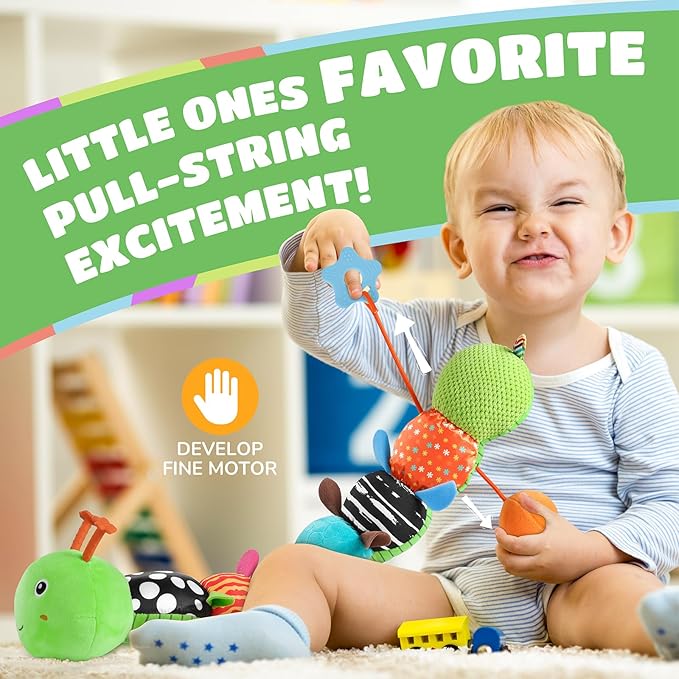 Baby Toys 6-12 Months Music Caterpillar Infant Toys Stuffed Animals 0-3-6 Months Tummy Time Teething Sensory Toys with Mirror Rattle&Pull String for Boys Girls Birthday Gifts|Grass Green,Leafy
