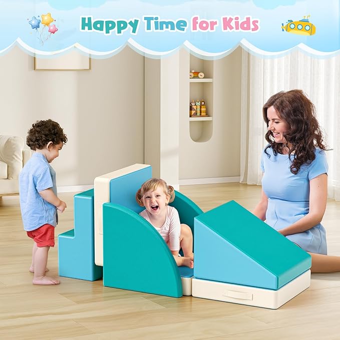 Lischwert Foam Climbing Blocks for Toddlers 1-3, 5pcs Foldable Soft Play Set with Crawling Exploration Toys - Indoor Infant Safe Blocks for Baby Gym & Toddler Playground - Blue