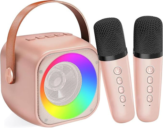 Mini Karaoke Machine for Kids Adults, Portable Bluetooth Speaker with 2 Wireless Microphones, Microphone and Speaker Set with Disco Light for Home Party Christmas Birthday Gift for Girls Boys