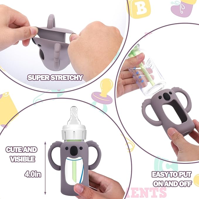 BUSOHA 3 Pack Koalas Silicone Sleeves for Dr. Brown's Glass Baby Bottles - Drop Protection Baby Bottle Sleeves Compatible with Dr Brown Newborn Glass Bottles with Silicone Handles,4 oz