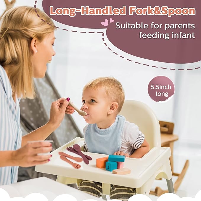 10 Pieces Baby Led Weaning Spoons and Forks Set Infant Silicone Spoon First Self Feed Baby training Utensils for Toddler First Stage Feeding Supplies for Kids Over 6 Months, 5 Pairs (Classic Colors)