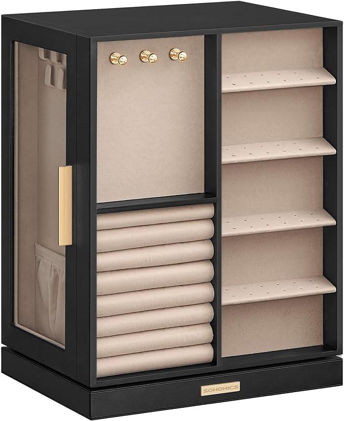 SONGMICS Jewelry Box 360°Rotating, Jewelry Storage Case with 5 Drawers, Jewelry Organizer, Glass Window, Spacious, Vertical Jewelry Storage, Open Design, Great Gift, Graphite Black UJBC170B01