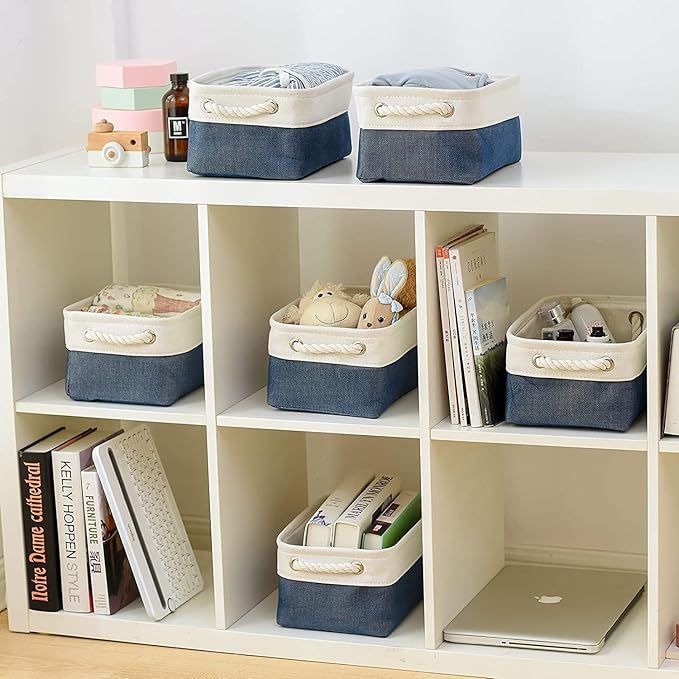 TheWarmHome Storage Bins for Shelves - 12x8x5.2 inch 1 Pack Baskets for Gifts Empty, Fabric Storage Cubes for Closet Organizing Dog Gift Cloth Toy (White & Jean Blue)