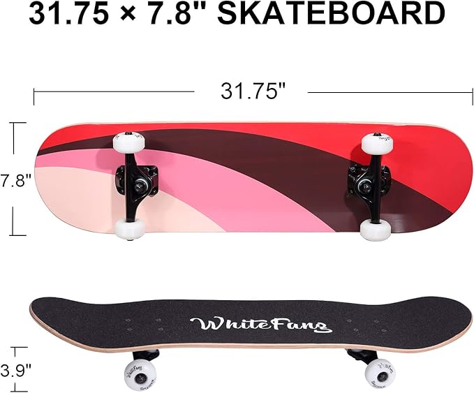 WhiteFang Skateboards for Beginners, Complete Skateboard 31 x 7.88, 7 Layer Canadian Maple Double Kick Concave Standard and Tricks Skateboards for Kids and Beginners