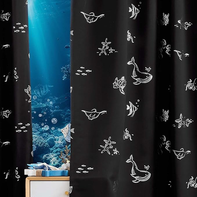 Vangao Kids Curtains for Boys Bedroom Kids Blackout Curtains 63 Inch Length Ocean Aquarium Nursery Drapes for Girls Bedroom Silver Sea Animals Print Thermal Insulated Drapes, Black 2 Panels