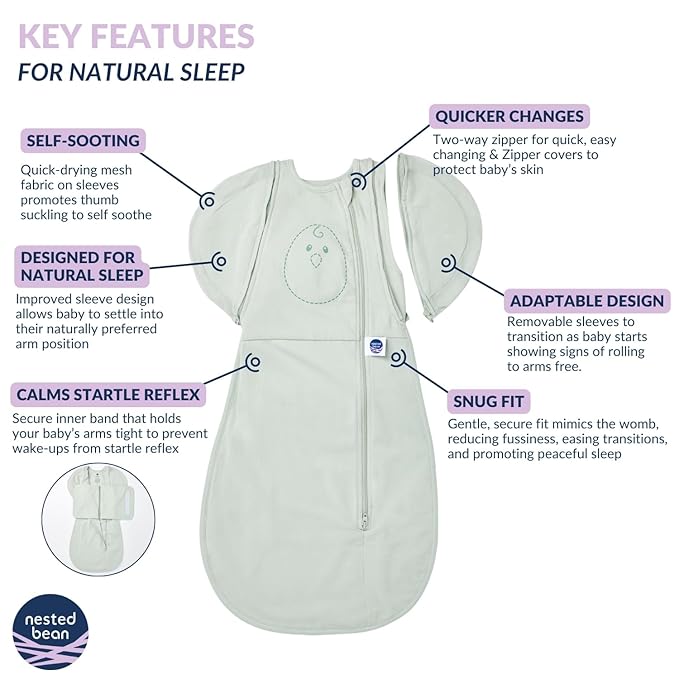 Nested Bean Air 6-in-1 Adaptable Baby Sleep Sack - Unweighted - Comfort & Safety for Natural Sleep, Preferred Arm Position Reduces Startle Reflex, Better for Baby, SM (13-18.5 lbs.) Sage