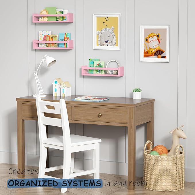 Pink Nursery Floating Shelves for Wall Set of 3, Baby Girls Room Wall Book Shelves for Kids Bedroom, Corner Bookshelf for Toddler Children Bathroom Decor and Toys Organizers and Storage