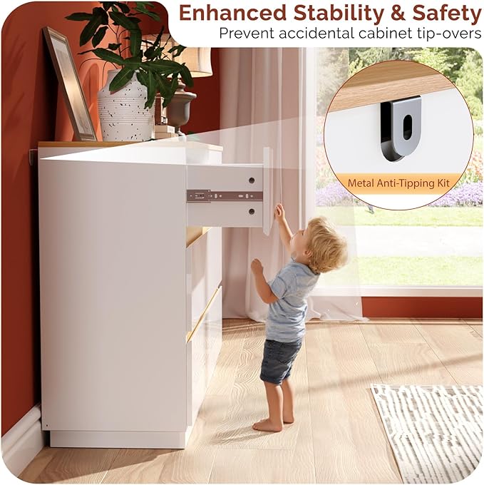 VINGLI White Dresser High Gloss Chest of Drawers, 6 Drawer Dresser for Bedroom, Modern Dressers Wood, Brown Top, 47.2" W x 15.75" D x 31.5" H