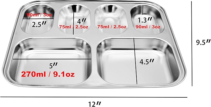 Korean Stainless Steel Divided Plates, Food Grade 304 Tray for Kids, Teens, Adults, Picky Eaters, BPA Free, 6 Sections, Diet Portion Control, Serving Platter, Dinner Snack, Set of 2