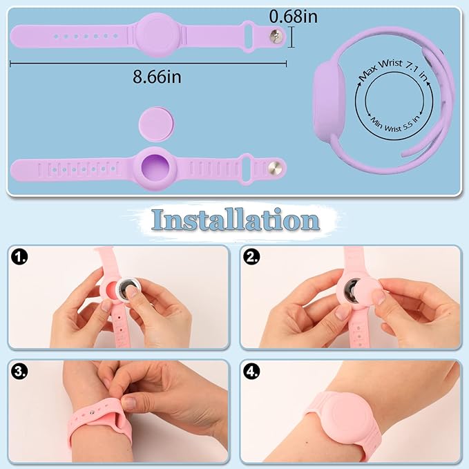 Kids Waterproof Airtag Bracelet Compatible with Apple AirTag, Hidden Silicon Protective Case for Air Tag GPS Tracker Holder, Adjustable Anti-Lost Watch Band for Toddler Child (Purple)