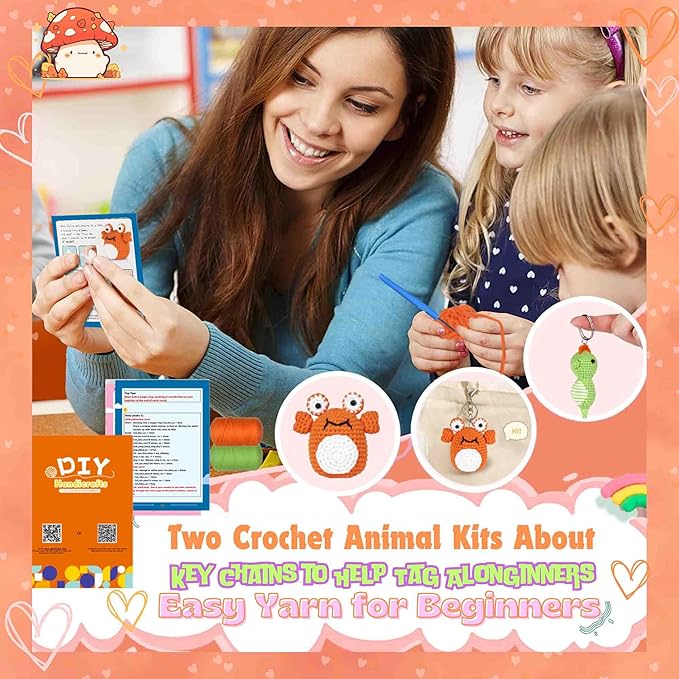 yhwsymgmho Crochet Kit for Beginners: 2-Piece Animal Amigurumi-Kit with Step-by-Step Video Tutorials - Easy Knitting Kit for Adults and Kids - DIY Crocheting Doll Gift (Crabs & Seahorses)