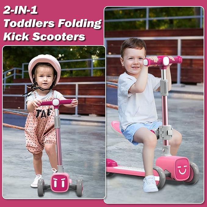 Unbreakable & Never Fall Down 2-in-1 Scooters Kids 3 Wheel Kick Scooter for Boys Girls Ages 3-8, Adjustable Height & Seat, Widened Non-Slip Deck, More Safer for Beginner Toddlers
