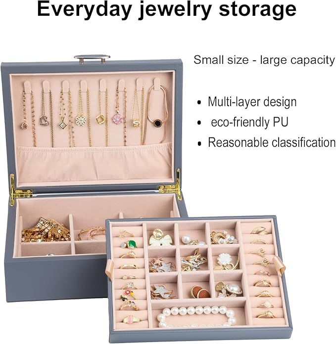 Small Jewelry Organizer for Women, 2-Layer Travel Jewelry Box with Portable Case, Necklace Ring Storage for Dresser, Girls Teens Gifts (Grey)