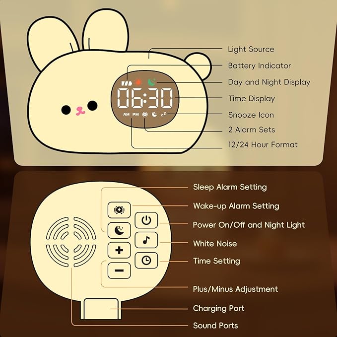 Bunny Alarm Clock with Night Light for Kids with Sleep Training and Sound Machine, Rechargeable Silicone Lamp OK to Wake Clock，Cute Animal Tabletop Lamp, Perfect Sleep Companion for Boys Girls