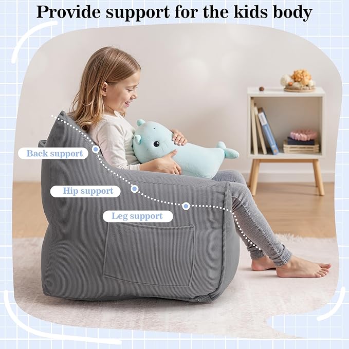 HOMMPA Bean Bag Chair for Kids Stuffed Toddler Bean Bag Sofa with Pocket Filler Cat Shaped Bean Bag Chair Boys and Girls Baby Lazy Floor Sofa Chair for Gaming Reading Playing Grey