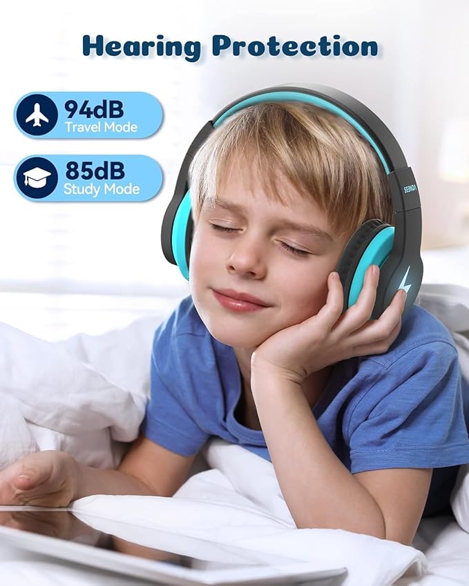 seenda Kids Bluetooth Headphones Boys, Kids Wireless Headphones with 85/94dB Volume Limited, 45H Playtime, 3 Lighting Modes, Built-in Mic, Over Ear Headset with Aux Cord for iPad/Tablet/Travel/School