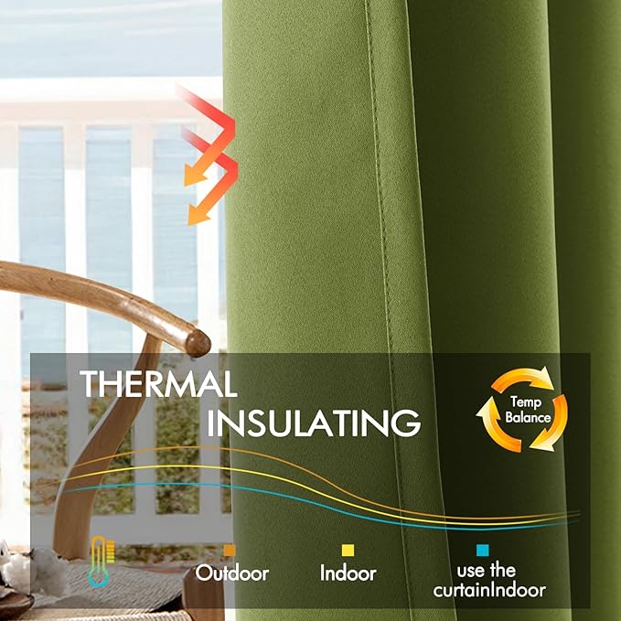 ANRODUO Back Tab Blackout Curtains for Bedroom Living Room, Rod Pocket Pinch Pleated Thermal Insulated Room Darkening Curtains 72 Inches Long 2 Panels, Olive Green, 42 x 72 Inch