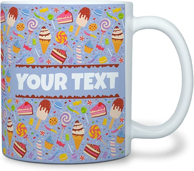 Personalized Mug for Kids - Sweets - Custom Name/Text, Ceramic Hot Chocolate/Cocoa/Coffee Cup for Boys/Girls, Birthday/Christmas/Holiday Gift - 11 oz, White Handle