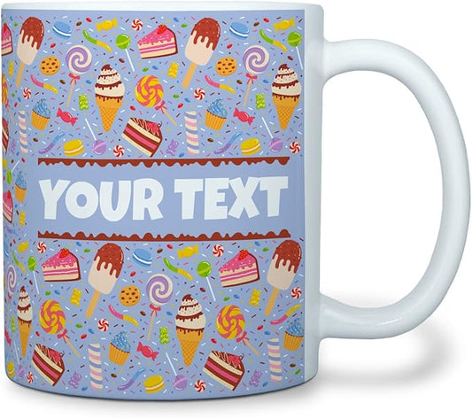 Personalized Mug for Kids - Sweets - Custom Name/Text, Ceramic Hot Chocolate/Cocoa/Coffee Cup for Boys/Girls, Birthday/Christmas/Holiday Gift - 11 oz, White Handle