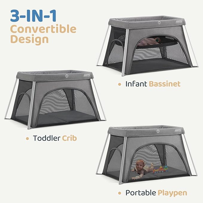 HARPPA Travel Crib with Comfy Mattress, Lightweight Portable Crib Requires No Assembly, Foldable Pack and Play for Baby and Toddlers, Compact Play Yard with Bed,Gray