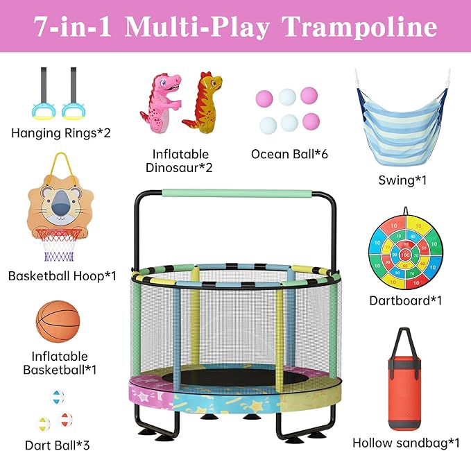 LAMERGE 55" 7-in-1 Round Trampoline for Kids Boys & Girls Ages 1-8, Indoor & Outdoor Trampoline for Fun, Adjustable Height Handrail ＆ Enclosed Safety Net ＆ Durable Designs for Toddlers Children