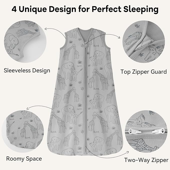 Baby Sleep Sack 0-6 Months 0.5 Tog Wearable Blanket Baby, 3 Pack 100% Cotton Lightweight Sleeping Sack with 2-Way Zipper for Newborn Infant Apricot Gray Green Elephant