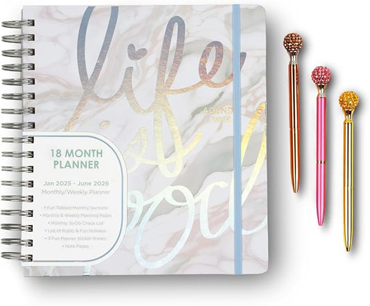 Votum 18-Month Day Large Planner, 2025-2026, Daily, Weekly & Monthly, January 2025 - June 2026, Life Is Good - Appointment Book with 3 Sticker Sheets, Twin-Ring Binding, Notes Pages - School & Work