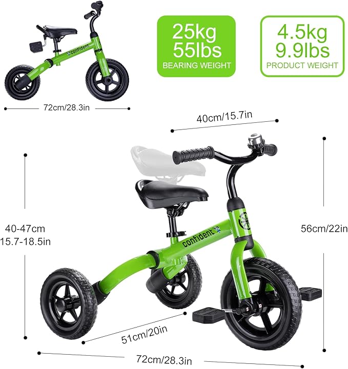Ancaixin 3 in 1 Toddler Tricycles for 2-5 Years Old Boys and Girls with Adjustable Seat Detachable Pedal and Bell, Foldable Baby Balance Bike Riding Toys for Kids, Child Birthday Gift Green