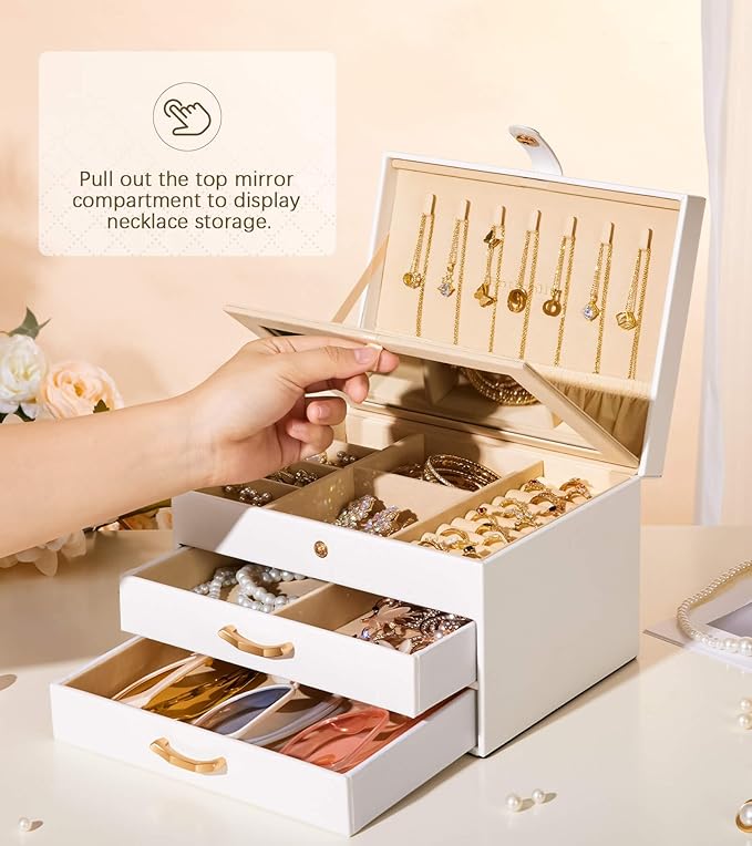 White Jewelry Box Organizer: Home Decor for Women - 2-Drawer Holder for Valentine’s Day Birthday Christmas White Gold