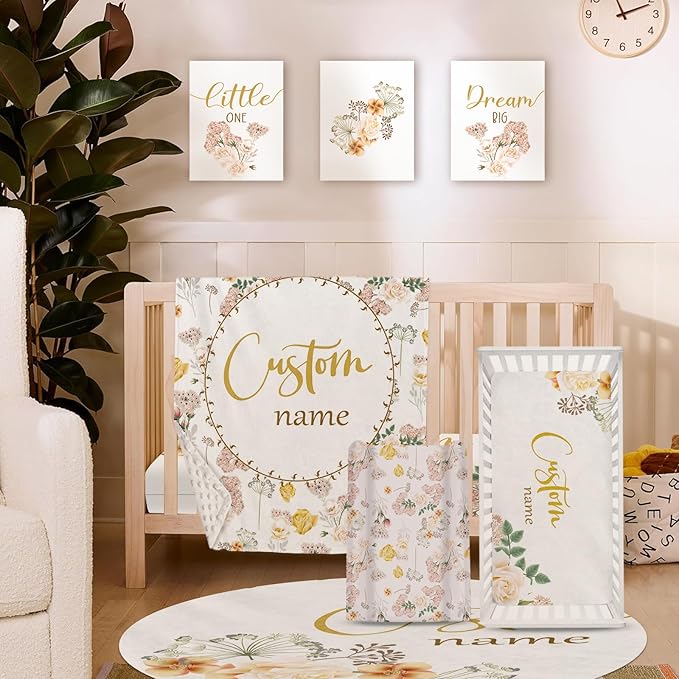 Personalized Baby Crib Bedding Set for Girls, Flower Design Custom Name Baby Crib Sets 5-Pcs, Toddler Double Layer Blanket Fitted Sheets Changing Pad Cover Rug Wall Art Set, Charming Nursery Decor